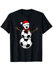 2026 blusas para mujer, Camiseta navideña con diseño de muñeco de nieve y fútbol, cuello redondo, manga corta, ajuste elástico, negra con patrón de fútbol blanco, ropa casual navideña para t - Negro - Ver 1