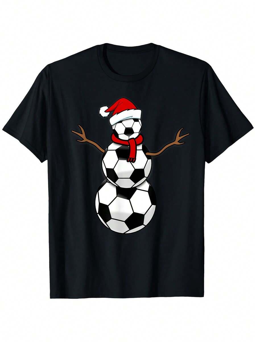 2026 blusas para mujer, Camiseta navideña con diseño de muñeco de nieve y fútbol, cuello redondo, manga corta, ajuste elástico, negra con patrón de fútbol blanco, ropa casual navideña para t - Negro - Ver 1