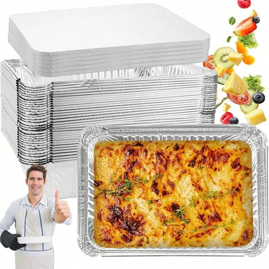 20 Backbleche aus Aluminiumfolie + 20 Deckel – 1900 ml rechteckige, tiefe Backbleche mit den Maßen 260x190x60mm, hitze- und kältebeständig, geeignet zum Grillen, Backen, Braten, Dämpfen, für Grillpartys, Catering und die Verwendung im Backofen. - Silber - Übersicht 1