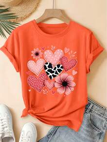 Spring And Summer New Women's Round-Neck Polka Dot Heart And Flower Print Short-Sleeve T-Shirt, Vintage Distressed Style Casual Sports Top, Soft Knitt - Orange - View 2