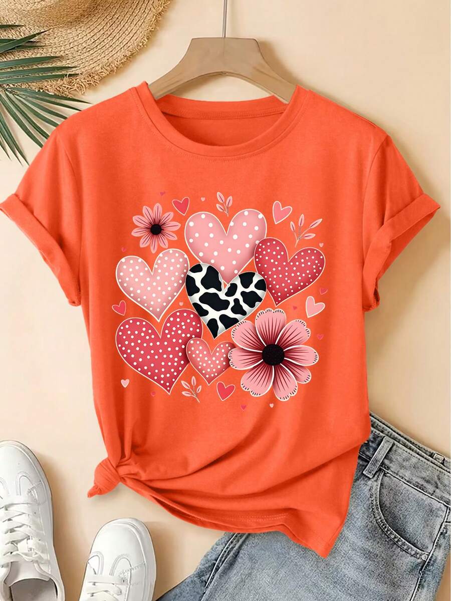 Spring And Summer New Women's Round-Neck Polka Dot Heart And Flower Print Short-Sleeve T-Shirt, Vintage Distressed Style Casual Sports Top, Soft Knitt