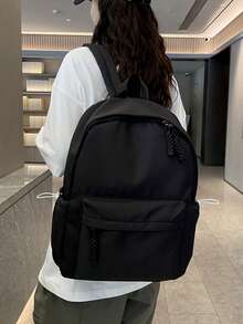 Women's Minimalist Solid Color Nylon Backpack, Lightweight Business Commute Daily Backpack, Multi-Pocket Large Capacity Casual Backpack Suitable For Office, Work, Travel, School - Black - View 7