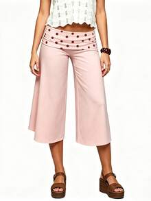 Women 's Fold Over Lounge Capris Wide Leg Low Rise Cropped Gaucho Pants Solid Color Flowy Pajama Bottom - 淺粉色 - 查看 6
