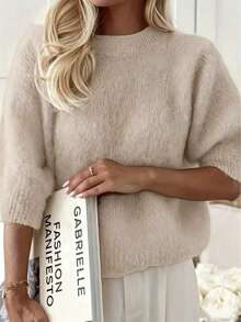 Women's Fashionable Minimalist Fuzzy Ribbed Knit Crew Neck Sweater, Regular Length, Drop Shoulder, 3/4 Sleeve Top Fall - Dusty Pink - View 3