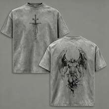 The Angel T-Shirt With Flaming Sword, Washed Christian T-Shirt, Aesthetic Clothing, Scales Of Justice, Jesus T-Shirts, Christian Merchandise, Michael The Angel T-Shirts - 深灰色 - 查看 1
