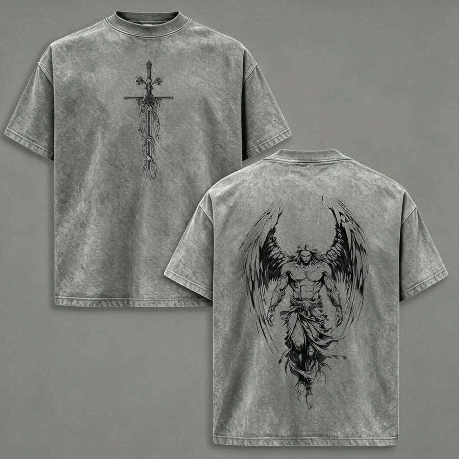 The Angel T-Shirt With Flaming Sword, Washed Christian T-Shirt, Aesthetic Clothing, Scales Of Justice, Jesus T-Shirts, Christian Merchandise, Michael The Angel T-Shirts - 深灰色 - 查看 1