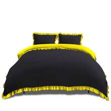 VELVETIO Luxury Kendrick Frill Duvet Cover Set Reversible Bedding Set Soft Smooth Lightweight Microfiber Polyester With Matching Pillow Cases Elegant Ruffle Edge Plain Design Single Double King - Negro/Ocre - Ver 10