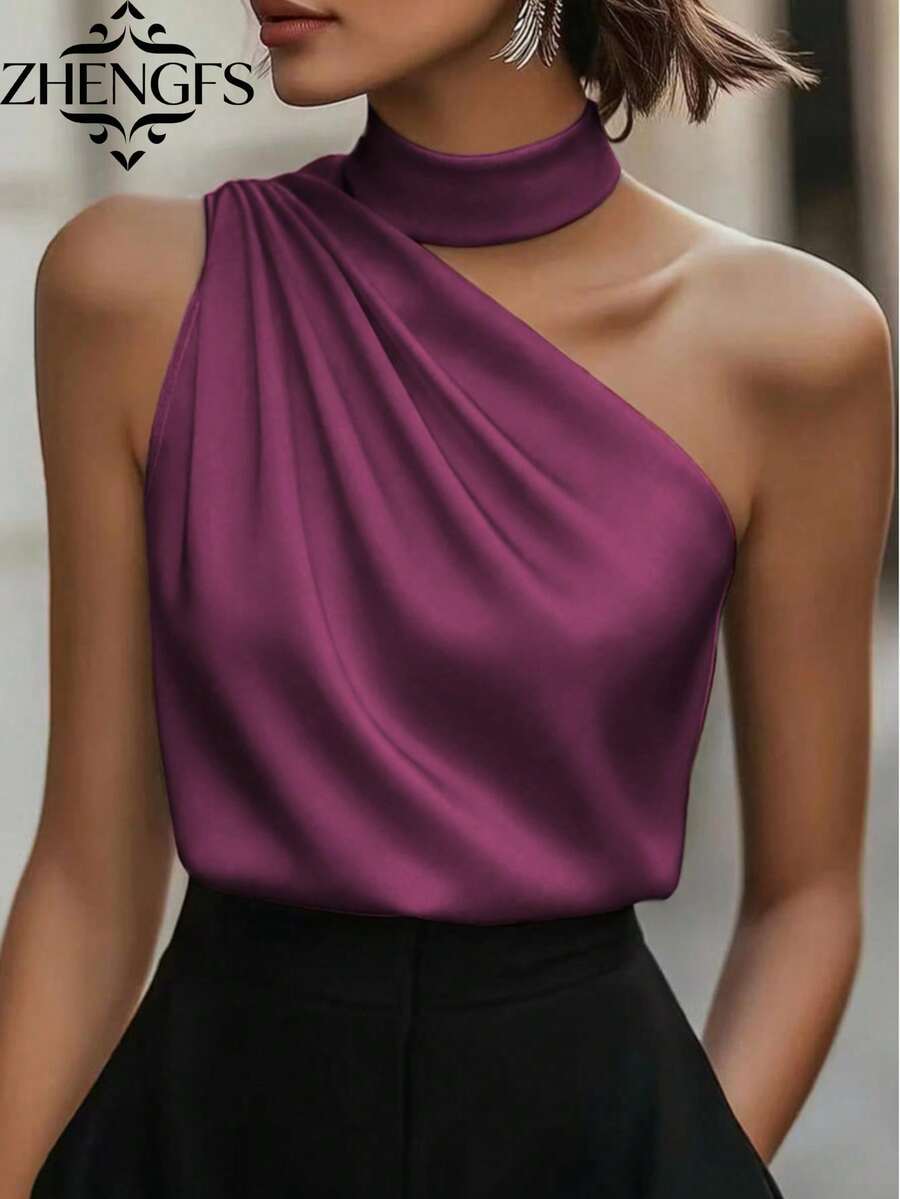 1pc Women's Summer Solid Color Satin Asymmetric/Irregular Ruffle Elegant Fashion Sleeveless Blouse Shirt, Suitable For Summer, Casual, Office, Party, Formal Occasions - Purple - View 1