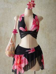ICON Conjunto de top halter y minifalda con estampado floral para mujer de talla grande - Negro - Ver 1