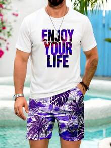 Men's Vacation Style Printed Short Sleeve Shorts Set - Multicolor - View 4