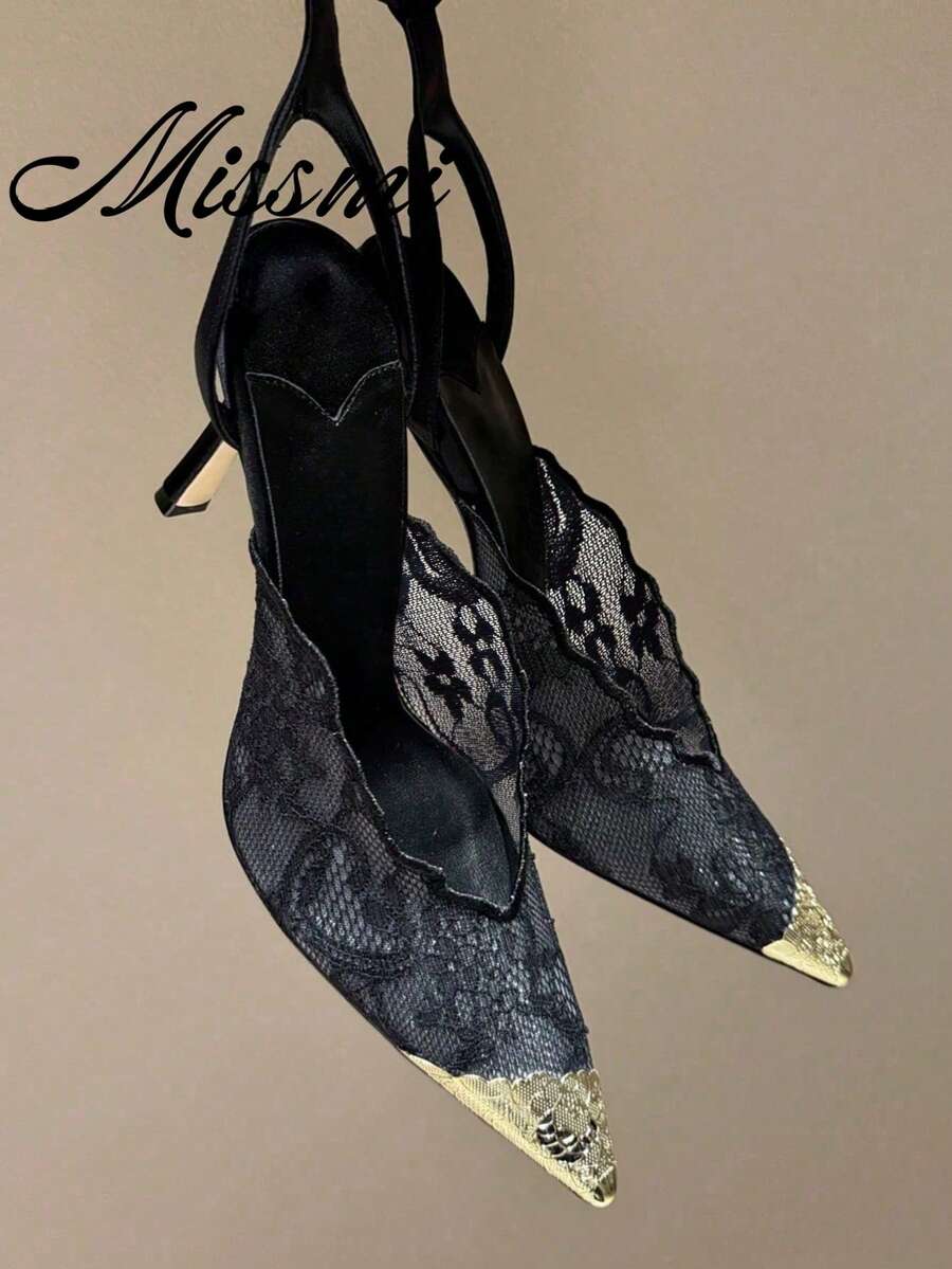 2026 Spring/Summer New Pointed Toe Lace Sandals, Sexy Thin Heels, Strap Buckle Roman Shoes, Versatile Work Shoes