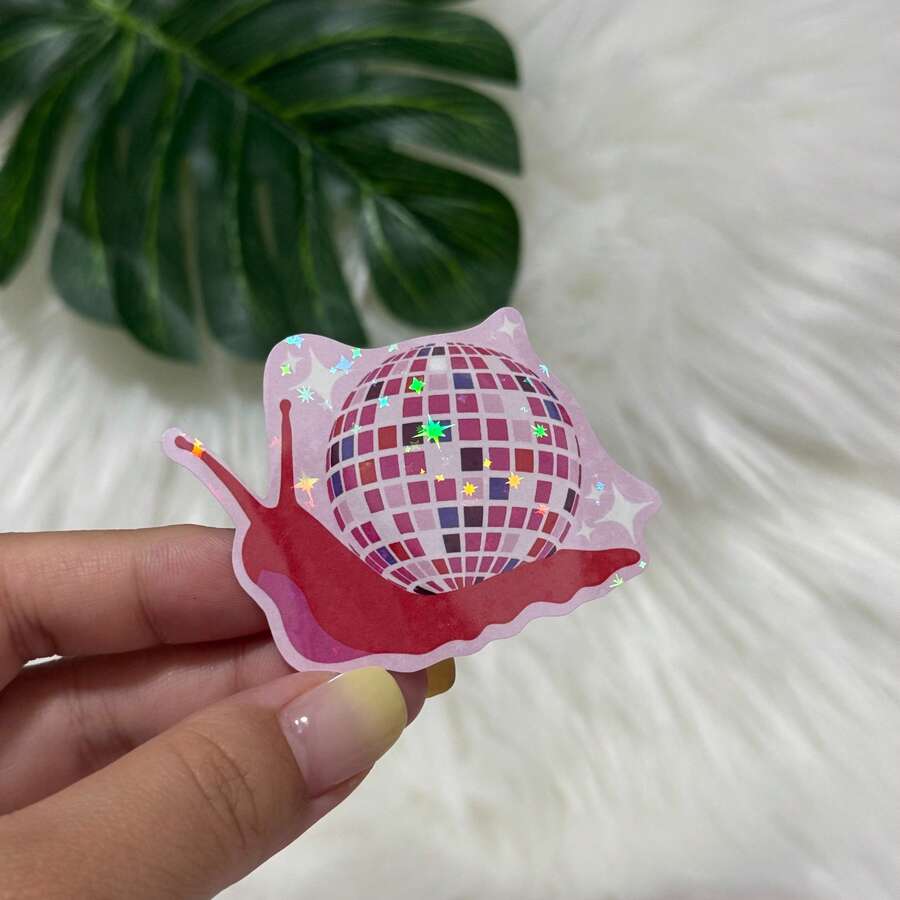 Adorable Disco Snail Sticker Featuring A Funky Pink Creature With A Mirror Ball Shell. This Vinyl Decal Is And Perfect For Adding A Groovy Aesthetic To Your Laptop, Water Bottle School Supplies - Star Film - View 1