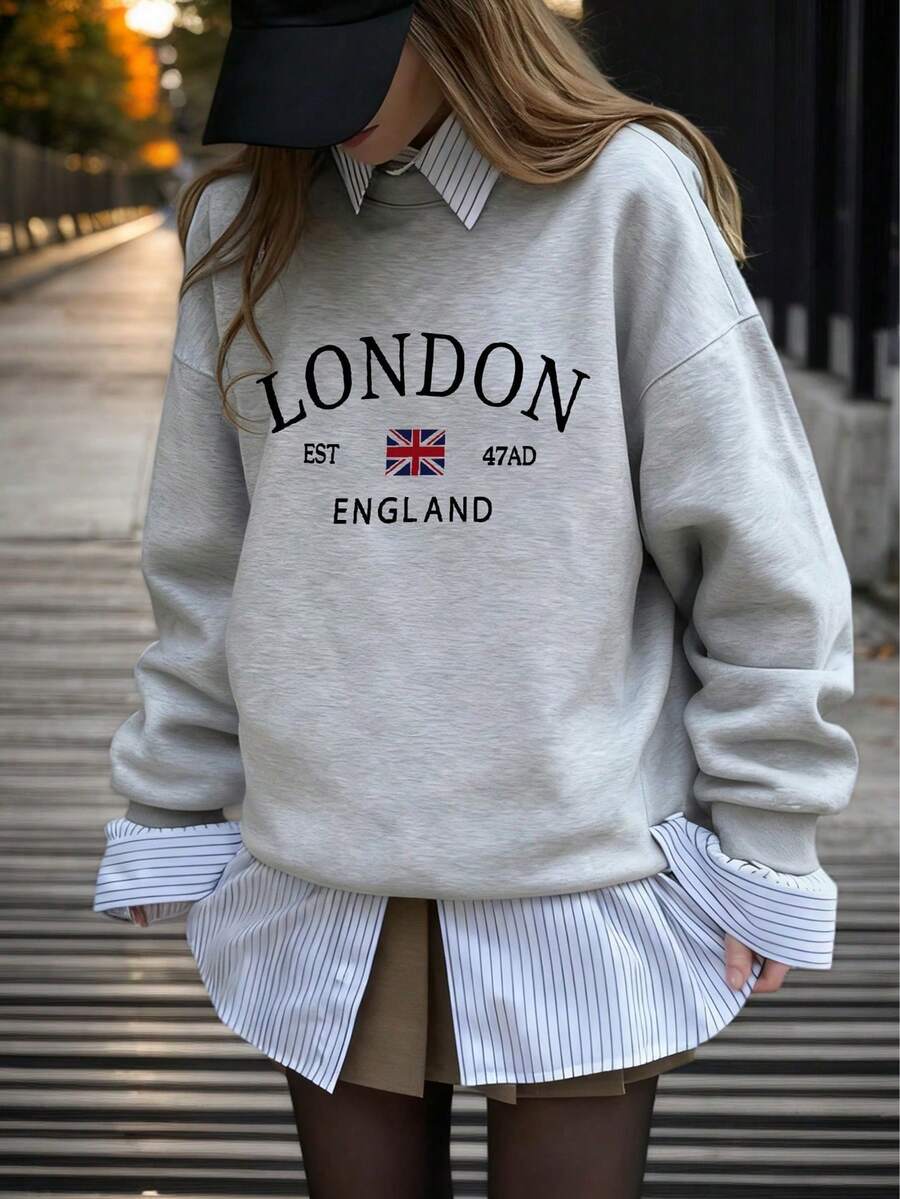 Sudadera de mujer de estilo versátil y de moda con cuello redondo, inspirada en el estilo Ins, con estampado en inglés de bloques de color, para otoño/invierno y primavera - Gris Oscuro - Ver 1