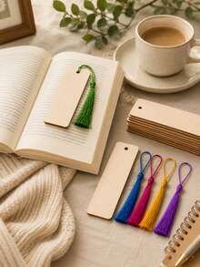 70pcs Wooden Blank Bookmarks DIY Wooden Craft Bookmarks Wooden Laser Cut Wooden Pendants Wooden Square Tags (35pcs Bookmarks + 35pcs Tassels) Random Tassel Colors Back To School Season - Multiple Colors - View 7