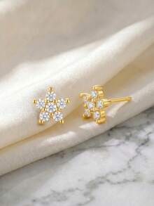 Paved Cubic Zirconia Star Stud Earrings,18K Gold Plated S925 Silver Hypoallergenic Dainty Earrings With Gift Box For Gifting - Gold - View 3
