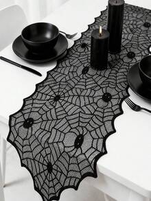 Halloween Lace Table Runner, Black Sheer Mesh Tablecloth With Scary Spider Pattern, Suitable For Halloween Party And Gothic Home Decor - Multiple Styles - View 2
