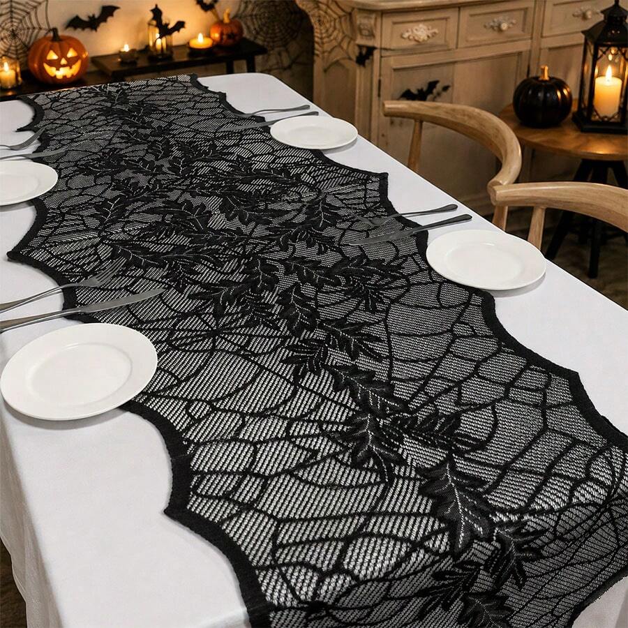 Halloween Spider Web Leaf Lace Table Runner, Durable Rectangular Polyester Tablecloth, Suitable For Holiday Parties, Dinners And Home Decor, Deep Autumn Horror Style Halloween Indoor Party Table Centerpiece Decoration - Multiple Styles - View 1