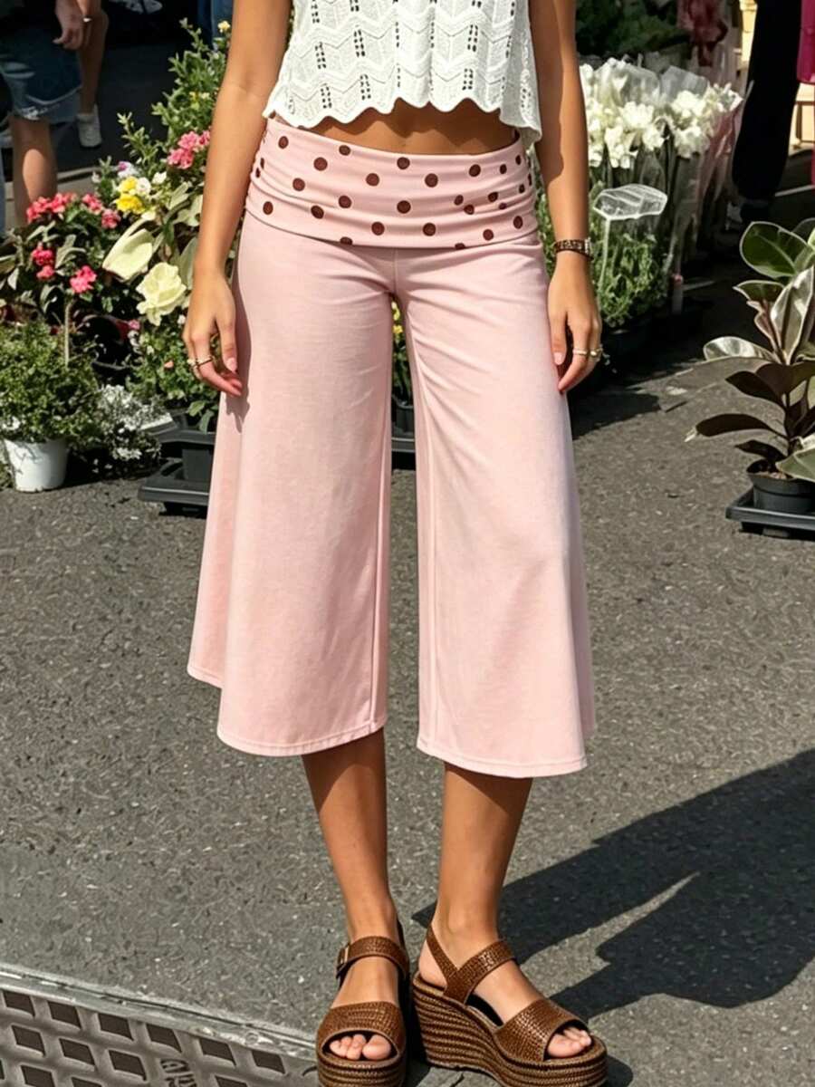Women 's Fold Over Lounge Capris Wide Leg Low Rise Cropped Gaucho Pants Solid Color Flowy Pajama Bottom - 淺粉色 - 查看 1