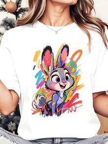 Disney Zootopia Judy Hopps Women's Round Neck Shirt Summer Tops Comfortable O-Neck T Shirt Fashion Casual Women Clothes - 白色 - 查看 1