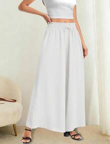 Women's Wide Leg Pants, Elastic Waist With Drawstring, Lightweight Loose Casual Trousers With Pockets - Putih - View 4