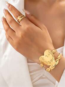 2pcs/Set New Exquisite Metal Letter Heart Open Women's Bracelet & Ring Set, Mother's Day Valentine's Day Gift - Yellow Gold - View 1