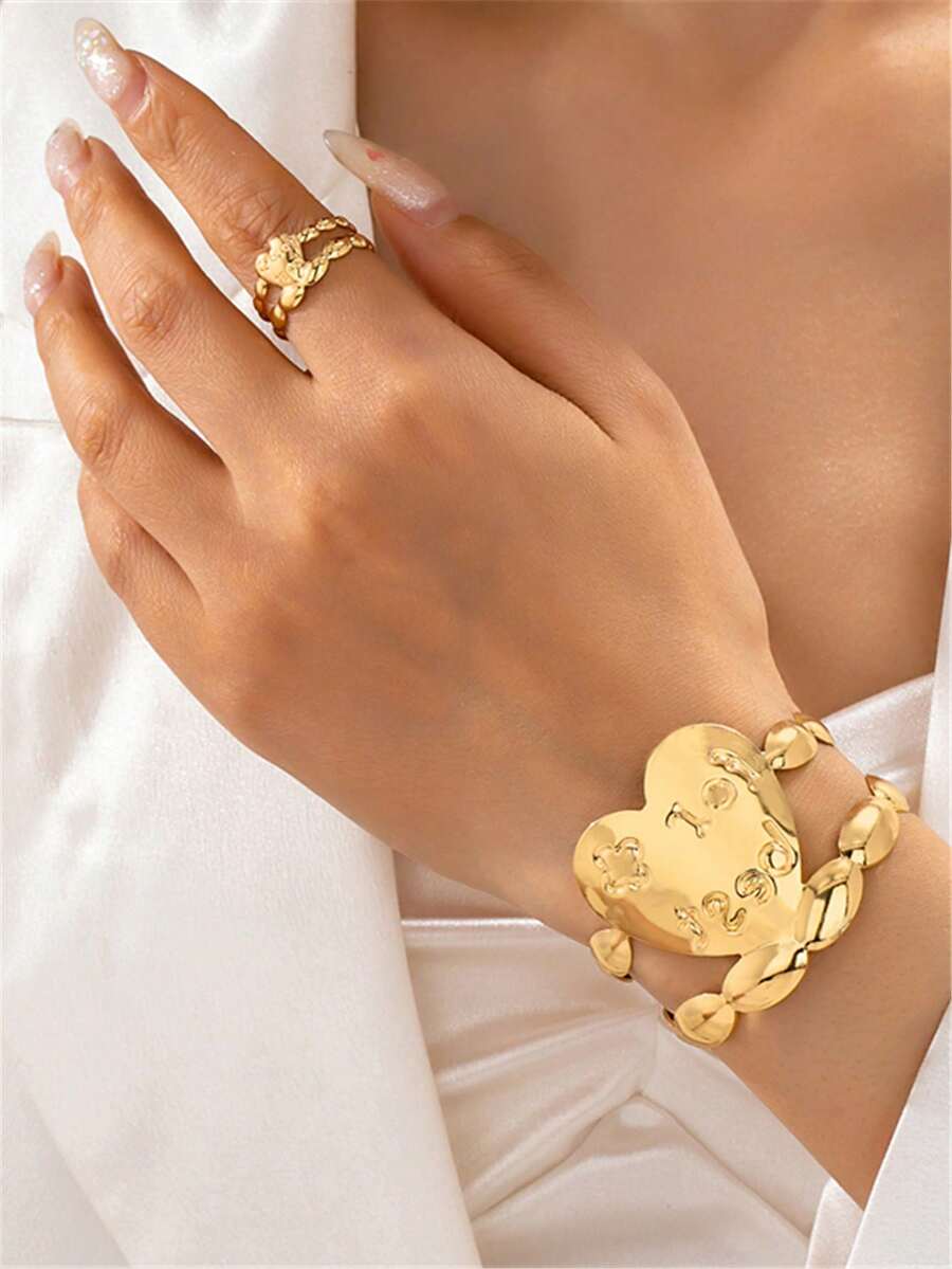 2pcs/Set New Exquisite Metal Letter Heart Open Women's Bracelet & Ring Set, Mother's Day Valentine's Day Gift - Yellow Gold - View 1