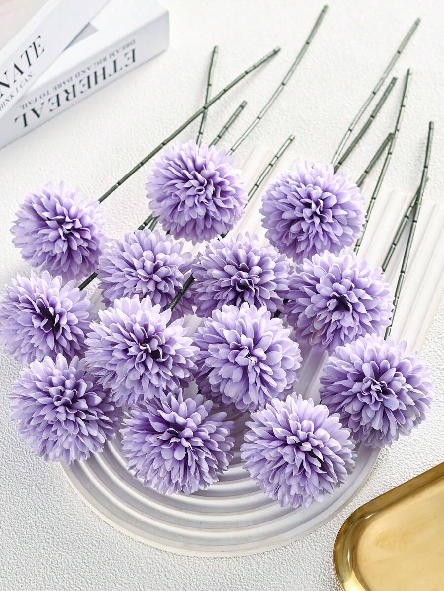 5pcs Artificial Chrysanthemum Flower Balls, Embroidered Balls, Wedding Decor, Home Vase Decor, Restaurant, Living Room, Bedroom, Bridal Bouquet, Wrist Corsage, Boutonniere, Birthday Party Decor, Valentine's Day Gift, All Season Decoration - Light Purple - View 1