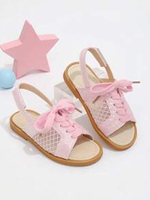 1 par de sandalias de malla con diamantes de imitación en forma de rombo para niños en verano, sandalias tipo princesa con polvo dorado brillante, talón con cierre de gancho y bucle, diseño exquisito y versátil con cordones, adecuadas para viajes y atuendos diarios - Rosa - Ver 1