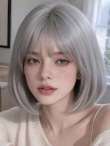 女款 12 英吋銀灰色直劉海假髮，時尚風格，適合 Cosplay 與各種活動 - 灰色 - 查看 1