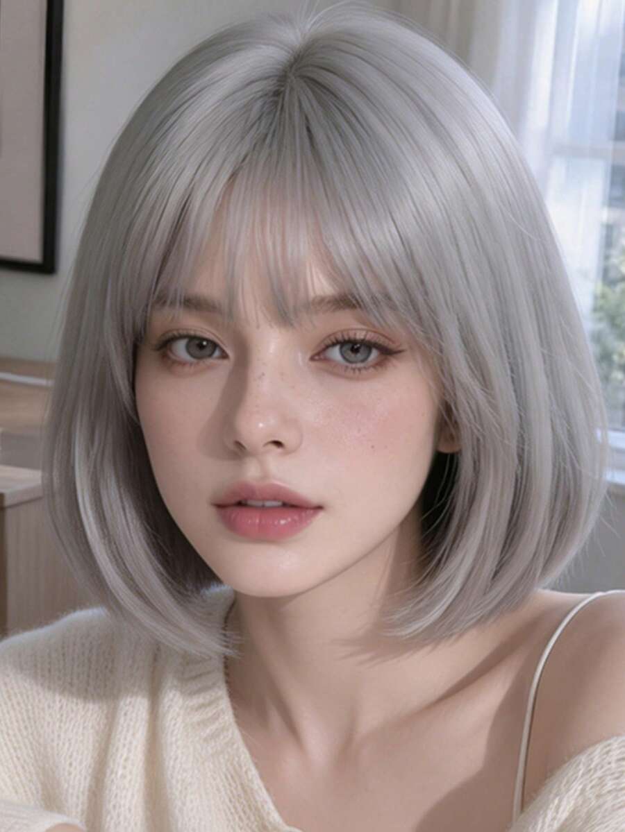 女款 12 英吋銀灰色直劉海假髮,時尚風格,適合 Cosplay 與各種活動 - 灰色 - 查看 1