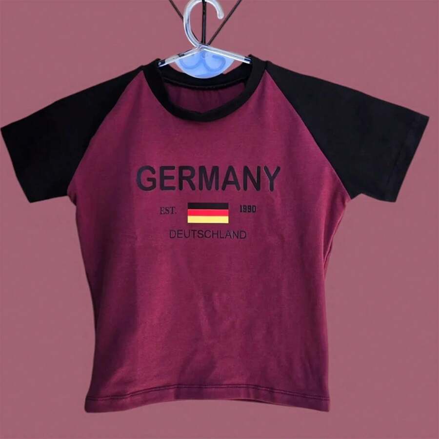 Retro Street Style Baby T-Shirt, Brazil Green Letter Print Crop Tops For Women, Slim-Fit Short Sleeve Casual Wear Y2k 2024 - nz1069- - 查看 1