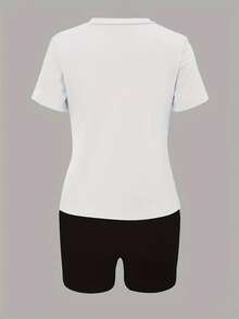 Two-Piece Outfit Featuring A Letter Print, Consisting Of A Short-Sleeve T-Shirt And Short Leggings, Designed For Women - White - View 2