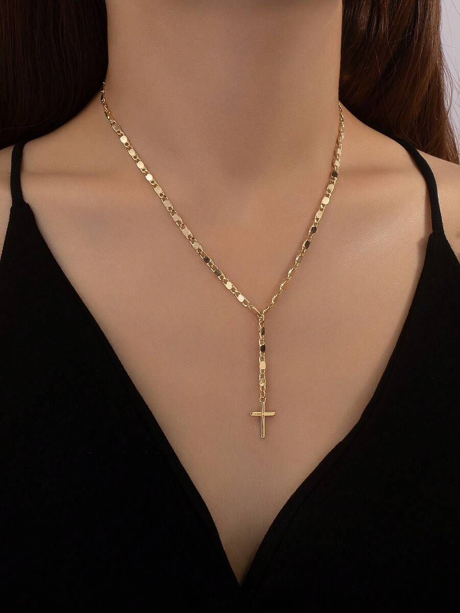 1 Piece Simple Versatile Fashion Necklace With Cross Pendant - 金黃色 - 查看 1