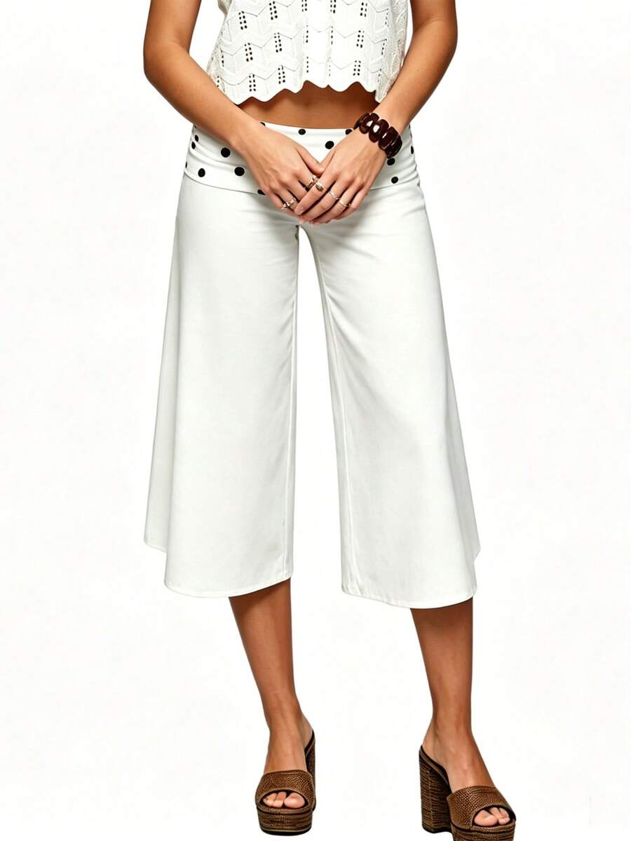 Women 's Fold Over Lounge Capris Wide Leg Low Rise Cropped Gaucho Pants Solid Color Flowy Pajama Bottom - Màu trắng chấm bi - Xem 1