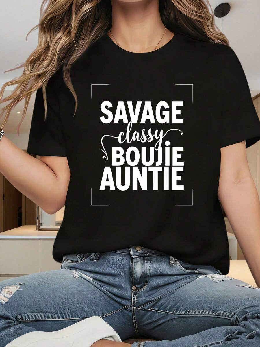 Camiseta Casual de Moda para Mujer con Estampado Elegante de "Tía Chic", Regalo de Verano y Otoño para Tías y Familiares - Negro - Ver 1