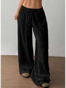 Pantalones Palazzo de Pierna Ancha para Mujer Acelitt, Pantalones Casuales Holgados para Descanso, Pantalones de Playa con Bolsillos (Demasiado Grandes, Por Favor, Elija una Talla Menor) - Negro - Ver 2