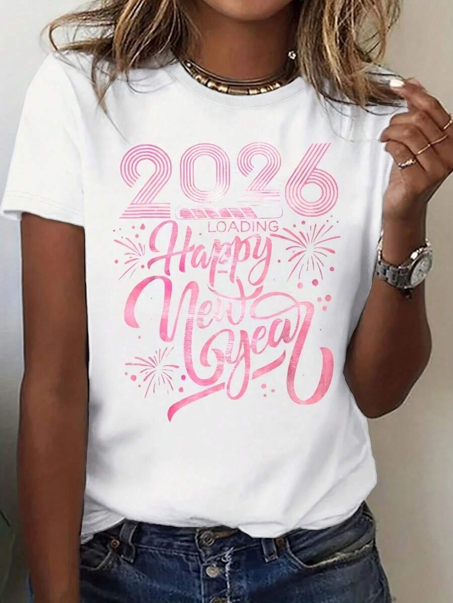 Camiseta casual de mujer 2026 Cargando Feliz Año Nuevo Estampado de fuegos artificiales rosas para fiesta, celebración de Nochevieja - 220g