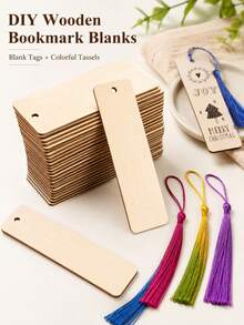 70pcs Wooden Blank Bookmarks DIY Wooden Craft Bookmarks Wooden Laser Cut Wooden Pendants Wooden Square Tags (35pcs Bookmarks + 35pcs Tassels) Random Tassel Colors Back To School Season - Multiple Colors - View 6