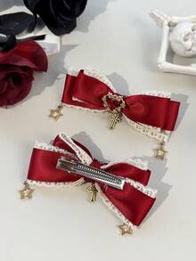 2 cái/bộ Phụ kiện tóc kẹp tóc phong cách Gothic màu tối với ruy băng ren hình chữ thập cho nữ, phù hợp để hóa trang ngày lễ và mặc hàng ngày cho những người đam mê phong cách Gothic - Burgundy 2 - Xem 3