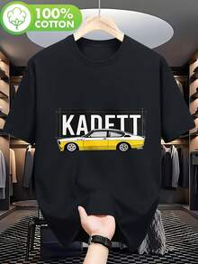 Men's Vintage T Shirt,To KADETT Racing-Themed - Printed"VintageKADETT"Lettering And Classic Yellow KADETT Racing Pattern,Good Air Permeability,Regular Version,Suitable For Automotive Culture,Outdoor Activities And Daily Wear - Durable Printed Crew Neck Top. - 黑色 - 查看 1