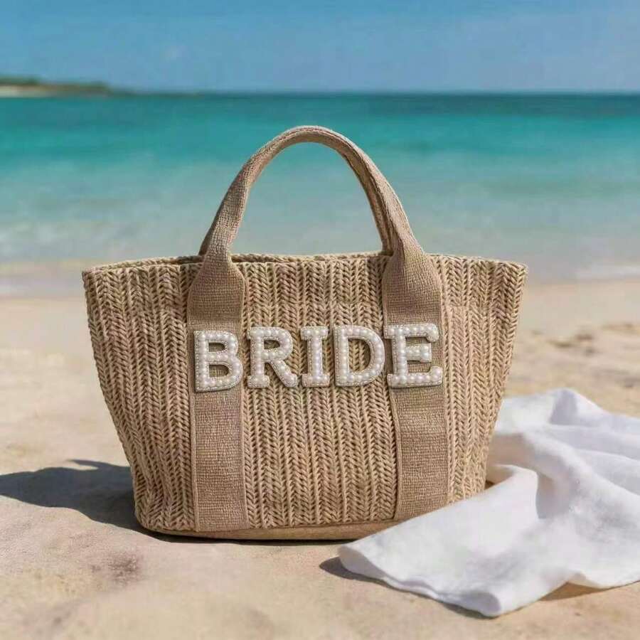 1pc/2pcs Bride Beach Accessory Set, Straw Tote Bag And Pearl Rhinestone "Bride" Sun Hat, Suitable For Bridesmaid Party, Honeymoon And Wedding Photography - A - View 1