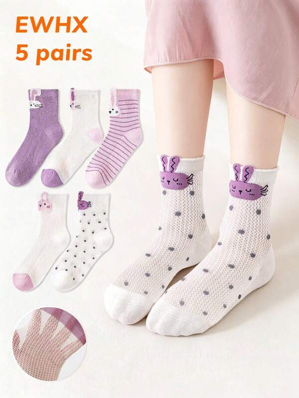 5 Pairs Summer Thin Cute Rabbit Cartoon Girls Socks, Breathable Mid-Calf Mesh Socks, Suitable For Daily Wear And Back To School