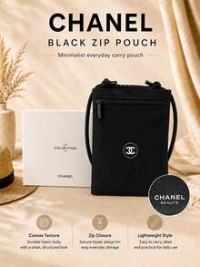 Chanel 黑色帆布斜跨拉鍊小包 13*19cm，耐用帆布材質，可調節抽繩肩帶，適合收納手機等物品，適合個人使用或送禮 - 黑色 - 查看 1