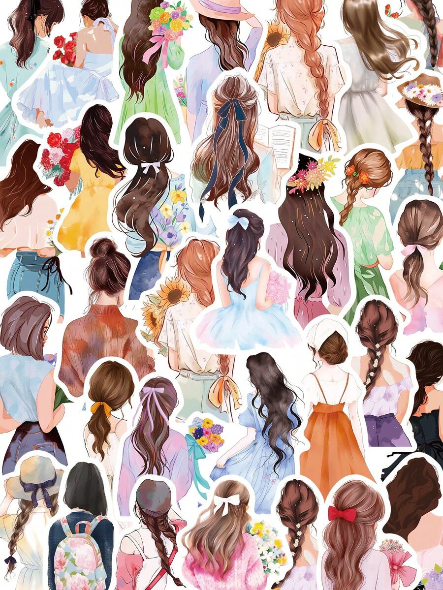 50pcs Watercolor Girl Back View Stickers Suitable For Luggage, Skateboard, Insulated Cup, Phone, Tablet, Scrapbook, Diary School Supplies - Watercolor Painting Of a Girl's Back - View 1