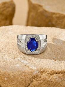 1pc Men's Copper Seal Ring, Oval Blue Cubic Zirconia, Luxury Vintage Personalized Accessory, Suitable For Daily Wear And Gifting - Ring - View 3