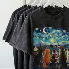 Funny Cat Starry Night Van Gogh Cats Rooftop Scene Feline 230g Washed T-Shirt - Black - View 3