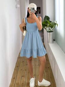 Vestido tipo chaleco de color sólido con diseño empalmado para mujer - Azul cielo - Ver 5