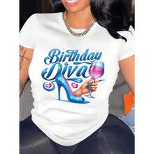 Camiseta de Algodón Suave, Camiseta Casual de Mujer con Estampado Gráfico 'Birthday Diva' - Estampado de Copa de Vino y Tacón Alto, Cuello Redondo, Manga Corta, para Primavera, Verano y Otoñ - Blanco - Ver 1