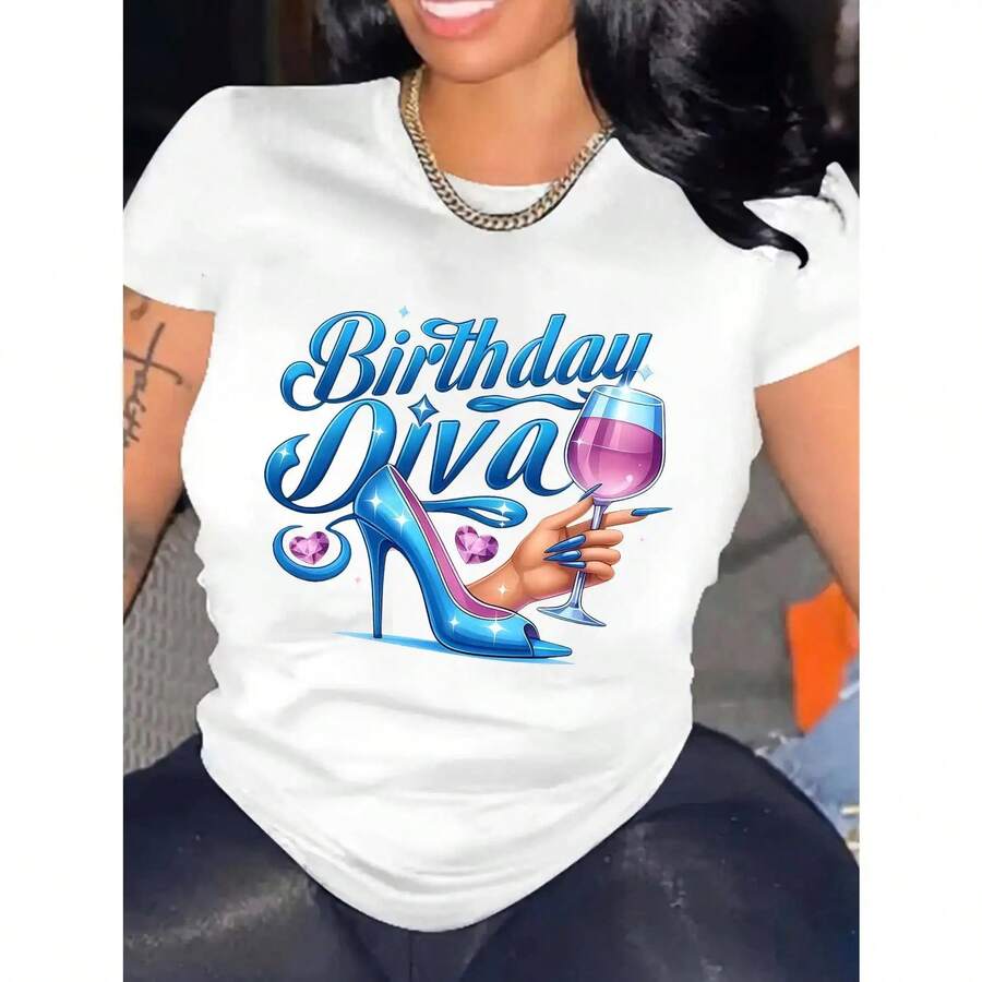 Camiseta de Algodón Suave, Camiseta Casual de Mujer con Estampado Gráfico 'Birthday Diva' - Estampado de Copa de Vino y Tacón Alto, Cuello Redondo, Manga Corta, para Primavera, Verano y Otoñ - Blanco - Ver 1