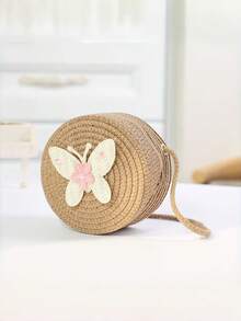 1pc New Style Children's Straw Woven Cute Flower Coin Purse Crossbody Small Round Bag - Butterfly - View 7